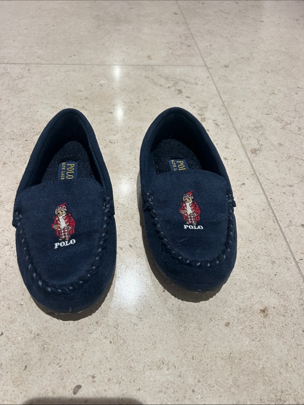 Polo by Ralph Lauren Navy Suede Loafers with Embroidered Bear